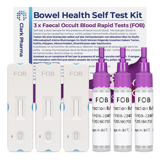 3 Pack, Faecal Occult Blood (FOB) Self Test Kits. Tests for Haemoglobin in Stool Sample