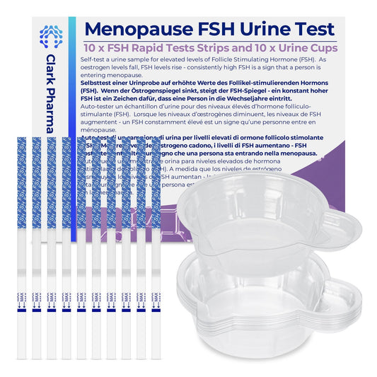 10 Pack, Menopause Test Kit. 10 Test Strips & 10 Urine Cups. High Follicle Stimulating Hormone (FSH) Level Detection